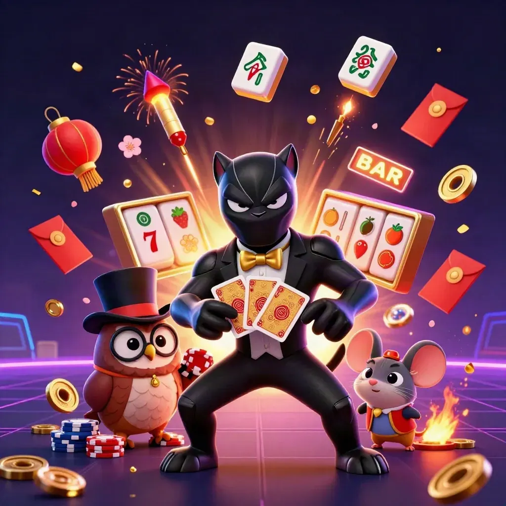Harimau kumbang, burung hantu, dan tikus kartun glamor di kasino neon emas.