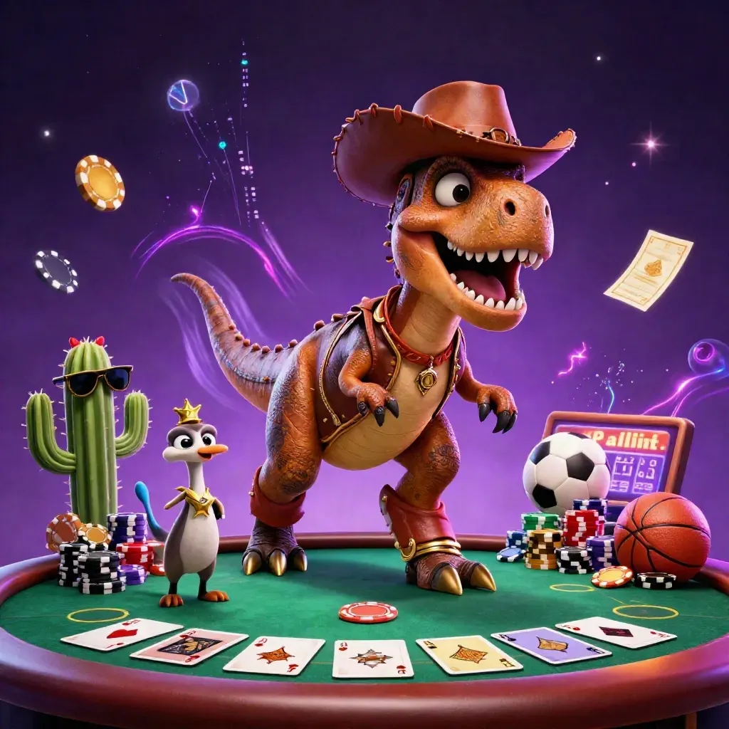 T-Rex koboi, kaktus, dan roadrunner di ledakan neon kasino dengan bola sport dan chip.