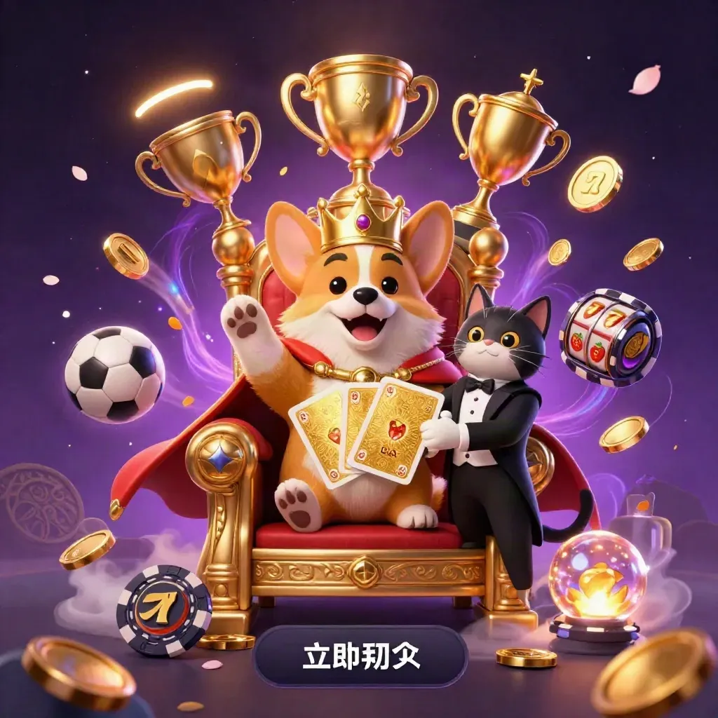 Corgi raja dan kucing butler di singgasana chip, dikelilingi bola, koin, dan cahaya emas.