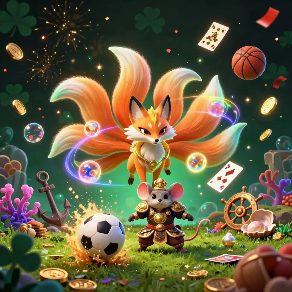 Rubah berekor sembilan dan tikus samurai emas, bola sepak melesat di cahaya kasino neon.