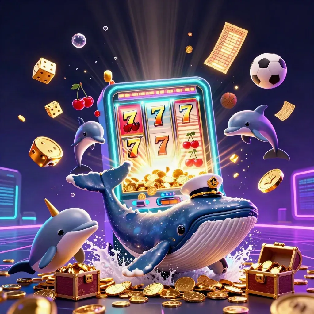 Paus kapten, narwhal, dan lumba-lumba melompat di ledakan koin dan slot neon.