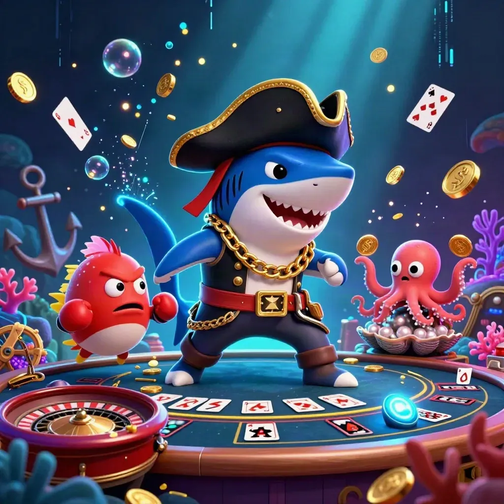 Hiu bajak laut, ikan buntal, dan gurita bayi di gua harta neon kasino bawah laut.