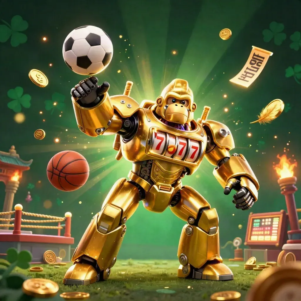 Gorila mech emas dengan pilot monyet kecil, bola, dan elemen kasino neon hijau tua keemasan.