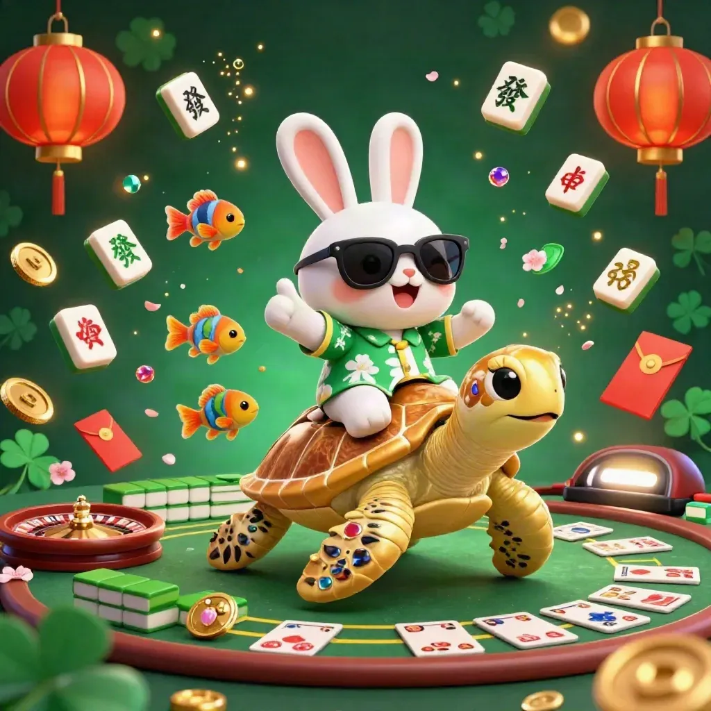 Kelinci kartun berkacamata di atas kura-kura emas, dikelilingi ubin mahjong, lampion, dan cahaya neon.