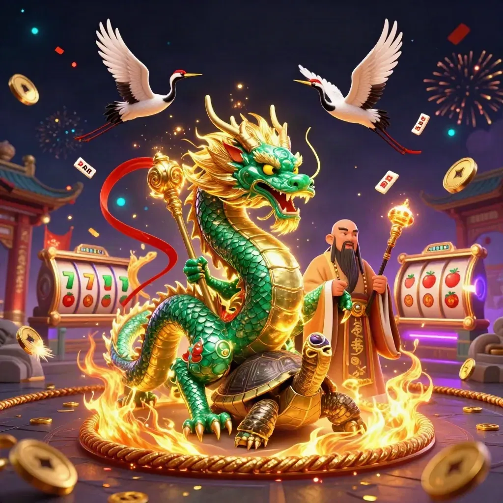 Naga giok, kura bijak, dan burung bangau di art kasino neon premium.