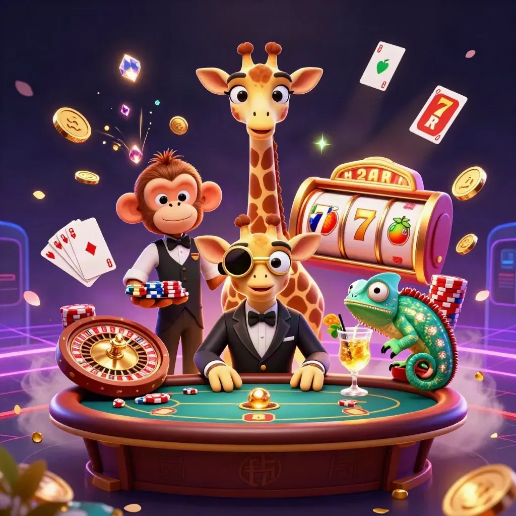 Jerapah high-roller, monyet valet, dan kadal bartender di meja poker dengan koin, permata, dan neon.