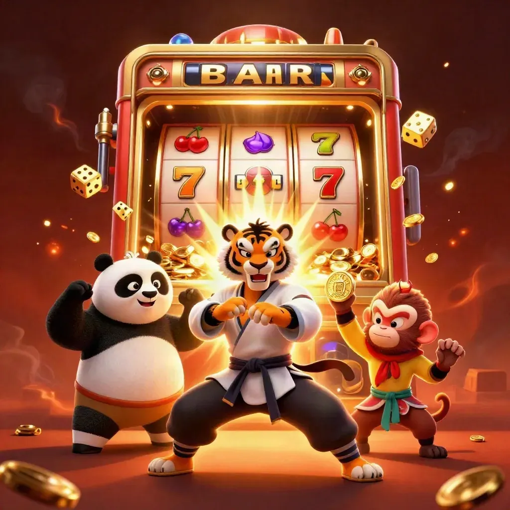 Harimau kung-fu, panda, dan monyet mencuri medali di tengah mesin slot emas meledak.