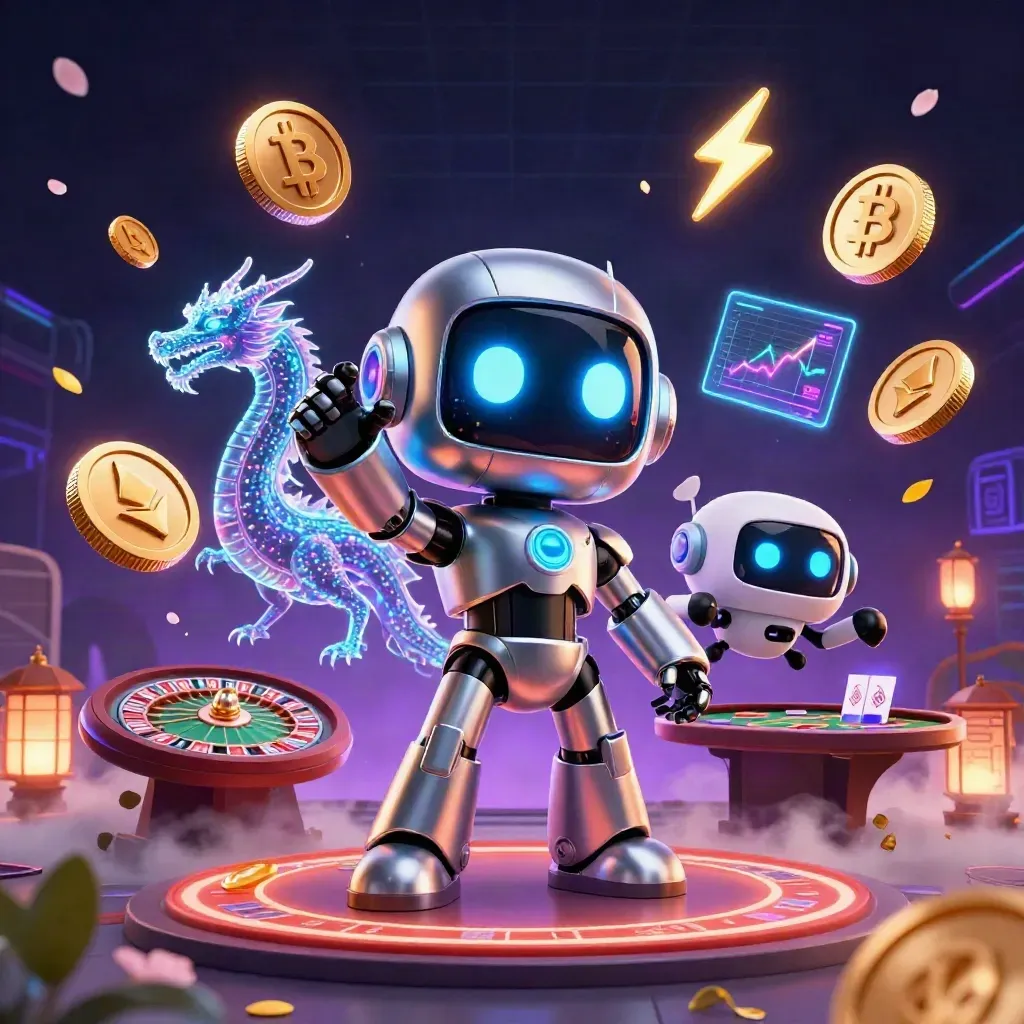 Robot cyberpunk, naga holografik, dan drone di kasino neon dengan koin kripto.