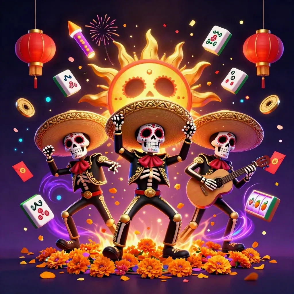 Tiga kerangka mariachi Day of the Dead dikelilingi koin, lampion, dan cahaya neon emas.