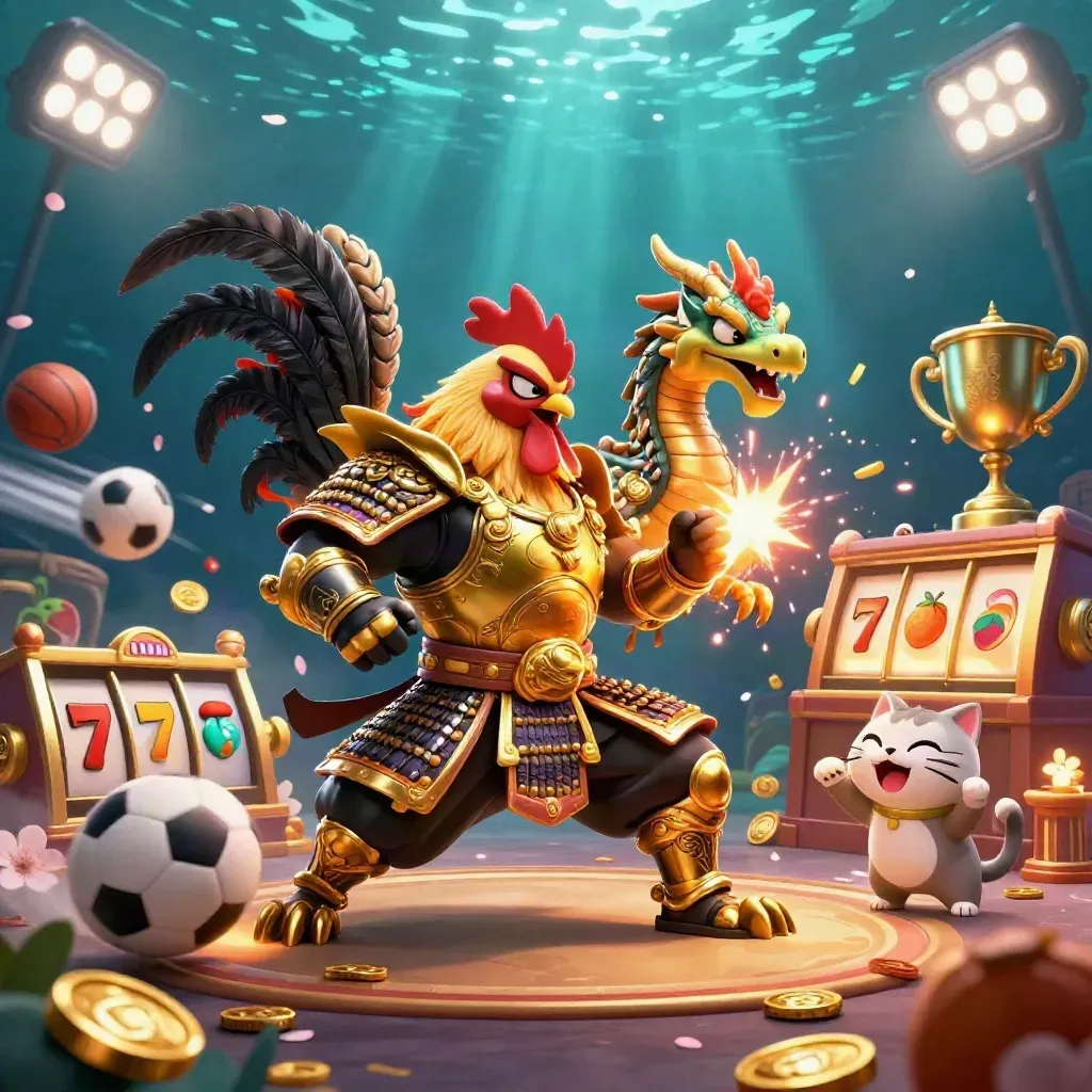 Ayam samurai emas, naga kecil, dan kucing hoki dikelilingi bola, koin, dan neon.