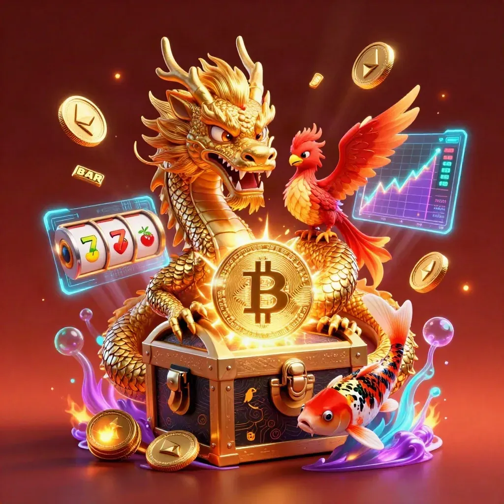 Naga emas, phoenix, koi, dan koin bercahaya meledak di peti harta kasino neon.