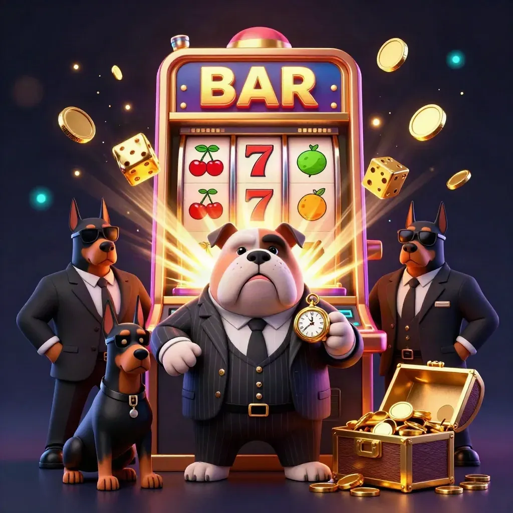 Bulldog mafia dan dua Doberman dikelilingi jackpot, koin emas, dan kilau kasino neon.