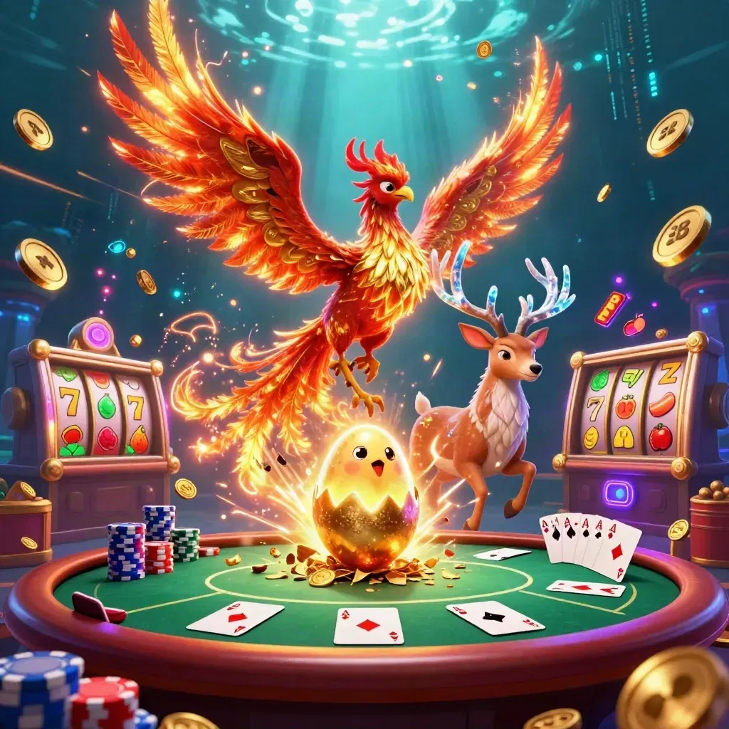 Tiga makhluk fantasi kasino di antara emas, kartu poker, slot, dan kilatan neon.