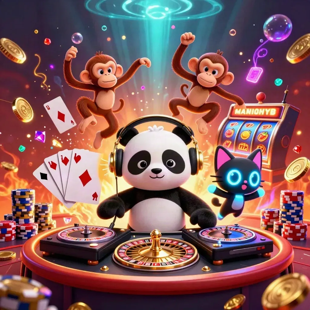 Panda DJ, monyet breakdance, dan kucing rave dikelilingi koin emas dan efek neon kasino.