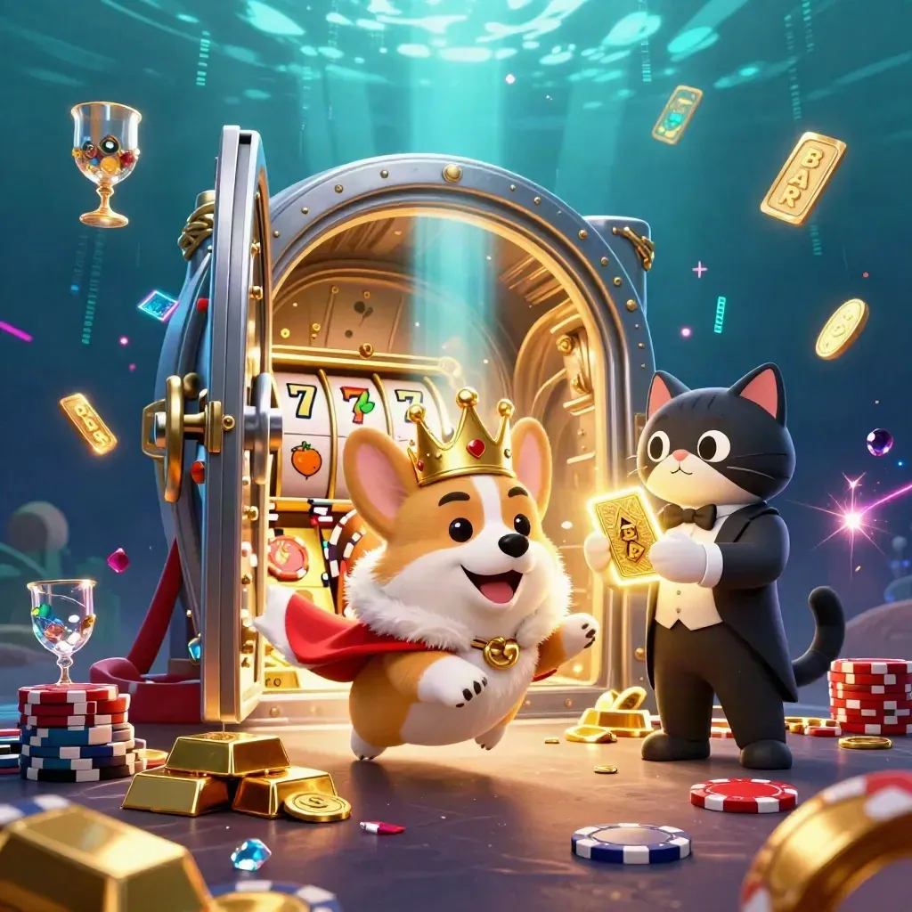 Kucing butler dan corgi raja di atas chip, dibanjiri emas, permata, dan cahaya neon bawah laut.