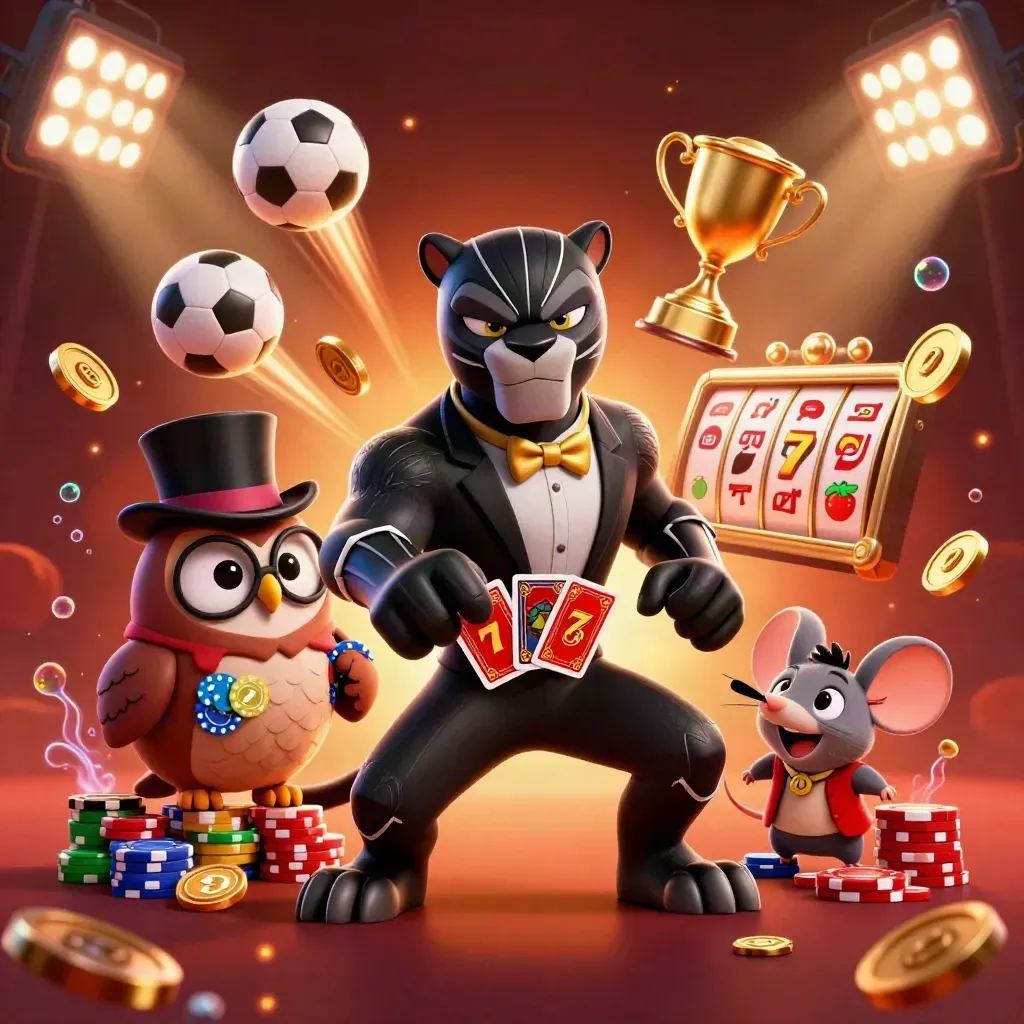 Panther, burung hantu, dan tikus kartun bertaruh di ledakan slot neon emas-ungu.