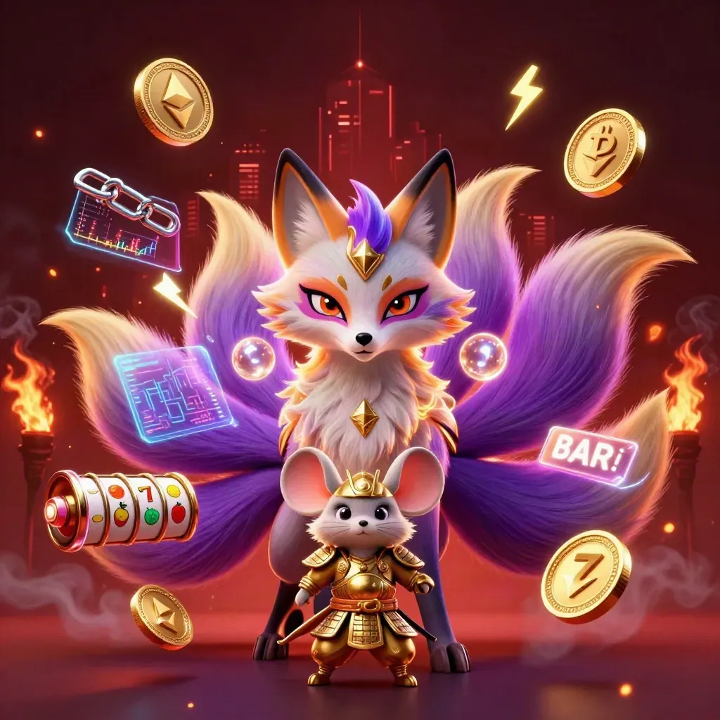 Rubah roh sembilan ekor dengan tikus samurai emas, koin kripto, slot, dan latar neon kasino gelap.
