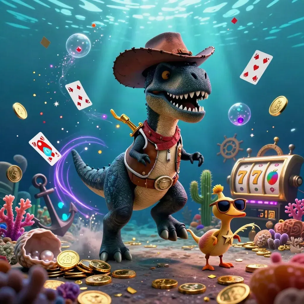 T-Rex koboi, kaktus, dan roadrunner di cove bawah laut emas ungu penuh koin neon.