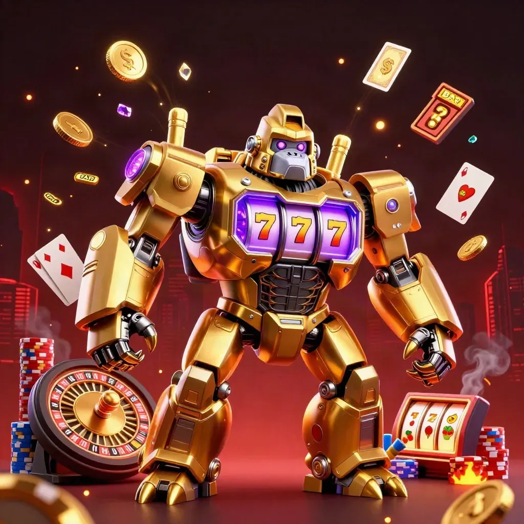 Gorila mech emas dengan monyet kecil, kilau koin, roda roulette, dan latar kota gelap ungu-merah